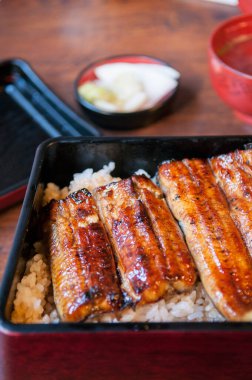 Mangal kömürü unagi yılan balığını pilav ya da Japon unagi donburi (Unadon) pilav tarifi ile kızarttı, Narita, Chiba, Japonya 'nın ünlü sokak yemekleri.