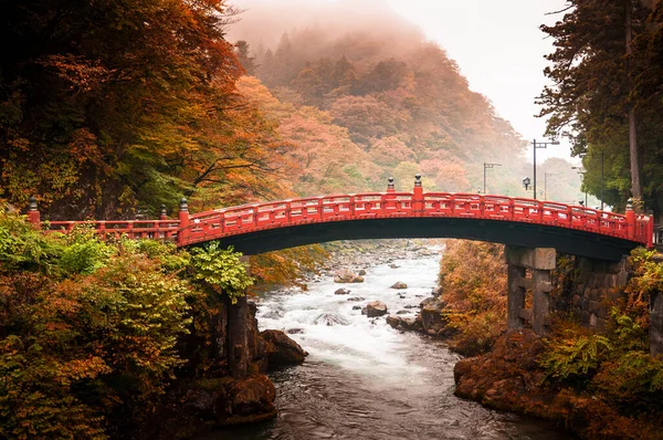 Most Shinkyo Jesienny Las Futarasan Przybytku Nikko Tochigi Japonia — Zdjęcie stockowe