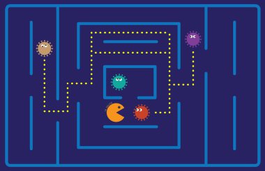 Covid Corona virüs aşı konsepti. Pacman aşısı kovid 19 virüs çizimi yiyor. Aşı grafik kavramını keşfetti