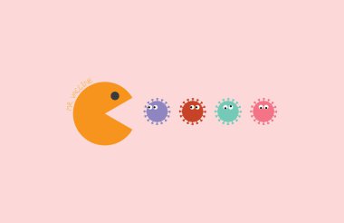 Covid Corona virüs aşı konsepti. Pacman aşısı kovid 19 virüs çizimi yiyor. Aşı grafik kavramını keşfetti