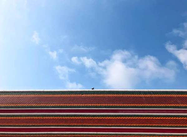 Тайський Храм Барвистий Дах Плит Блакитне Літнє Небо Хмарами Голубина — стокове фото