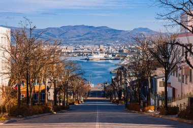 DEC 2, 2018 Hakodate, JAPAN-Motomachi yamaç sokağı, her iki tarafında yapraksız ağaçlar olan insanlar Hakodate koyundan geçiyor..