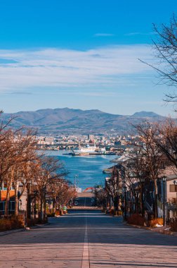 DEC 2, 2018 Hakodate, JAPAN-Motomachi yamaç sokağı, her iki tarafında yapraksız ağaçlar olan insanlar Hakodate koyundan geçiyor..