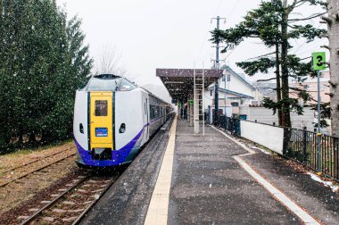 DEC 1, 2018 Hakodate, JAPAN - JR Suoer Hokuto kış sisli atmosferde kar yağışı sırasında Onuma Koen istasyonunda tren durağı