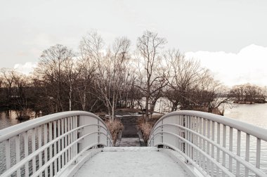 Onuma Koen Quasi - Ulusal Park Doğa Köprüsü Kurumuş yapraksız ağaçla huzurlu kış mevsiminde. Hakodate, Hokkaido - Japonya.