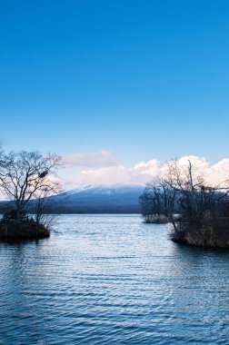 Onuma Koen Quasi - Ulusal Park Gölü ve Komagatake Dağı manzaralı huzurlu soğuk kış. Hakodate, Hokkaido - Japonya.