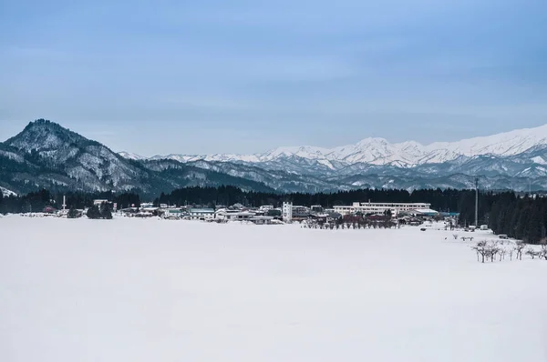 Breed Landschap Van Kleine Dorp Bergketen Fukushima Tohoku Japan Winter Stockfoto