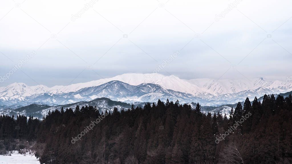 Wide landscape snow mountain range in Fukushima, Tohoku, Japan in Winter