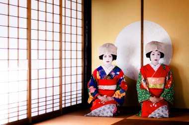 23 Ocak 2014: Sakata, Yamagata, Japonya: Japon Maiko, kırmızı kostümlü geyşa, geleneksel şovmen Tatami zemin katında, Japonya 'nın zengin kültürü.