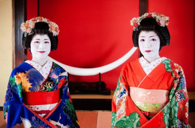 23 Ocak 2014: Sakata, Yamagata, Japonya: Japon Maiko - Kırmızı ve mavi kostümlü geyşa çifti, dans sanatları icra eden geleneksel şovmen, Japonya 'nın zengin kültürü. Japon odasında oturuyor..