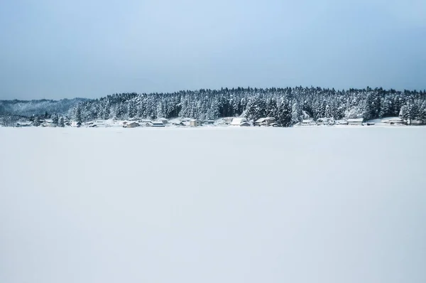 Sakata, Yamagata, Tohoku, Japonya 'nın kışın kırsal kesimindeki beyaz karlı buzlu arazi.