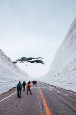 28 Mayıs 2013 Toyama, Japonya - Tateyama Kurobe Alp Yolu 'nda turistlerle kar duvarı arasındaki yolun egzotik doğa manzarası