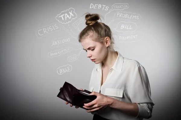 Woman and empty wallet. Financial problems. — Stock Photo, Image