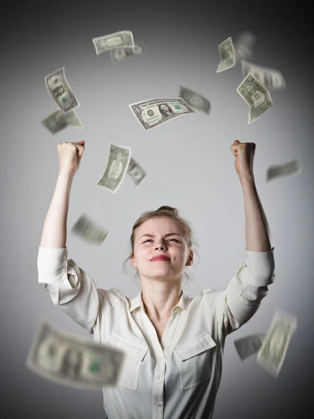 Vreugde. Meisje in wit en dollars. — Stockfoto