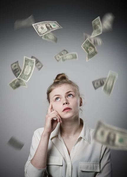 Menina em branco e dólares . — Fotografia de Stock