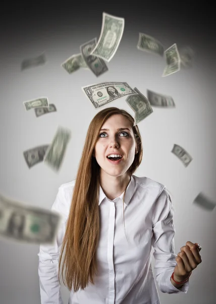 Vreugde. Vrouw in wit en dollars. — Stockfoto