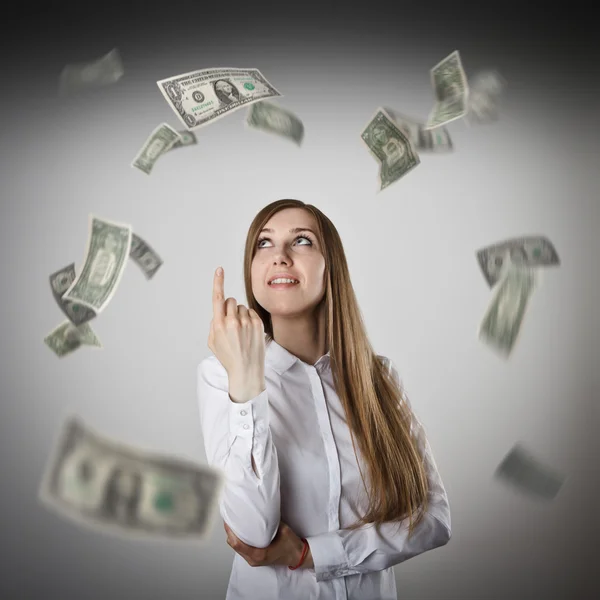 Sto indicando. Donna in bianco e dollari . — Foto Stock