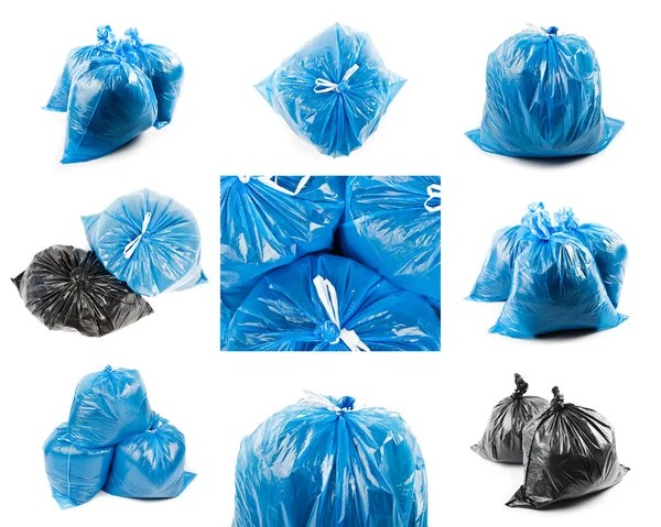Collage de sacs poubelles noirs et bleus — Photo