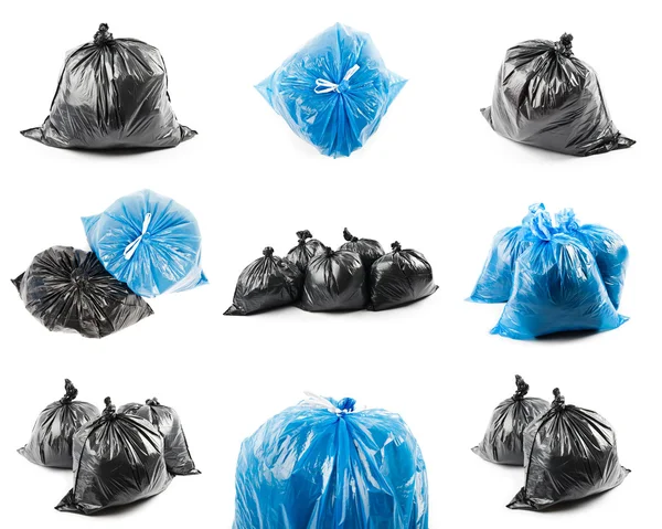 Collage de bolsas de basura negras y azules — Foto de Stock