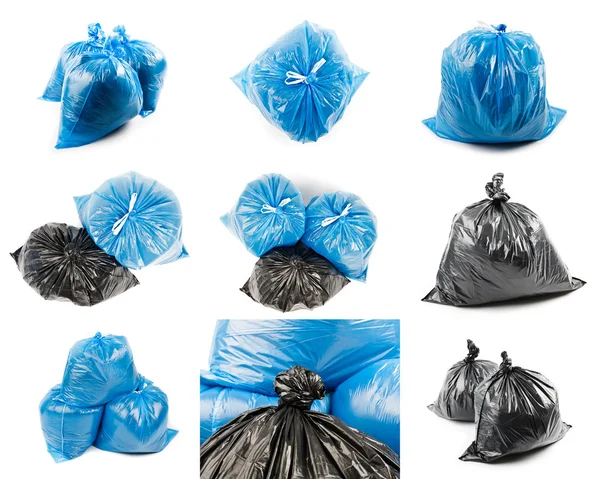Collage van zwarte en blauwe vuilniszakken — Stockfoto