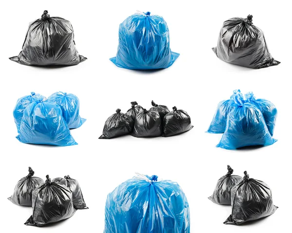 Collage of black and blue garbage bags — Stock Photo, Image