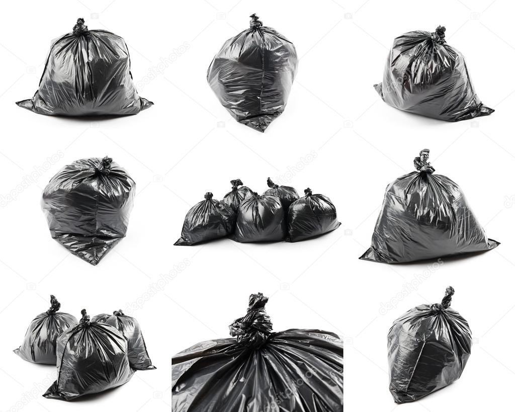 Collage of black garbage bags 