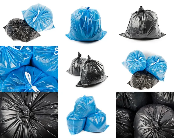 Collage van zwarte en blauwe vuilniszakken — Stockfoto
