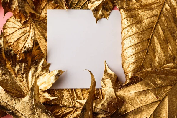 Δημιουργική Διάταξη Από Χρυσά Φύλλα Λευκή Χάρτινη Σημείωση Minimal Floral — Φωτογραφία Αρχείου