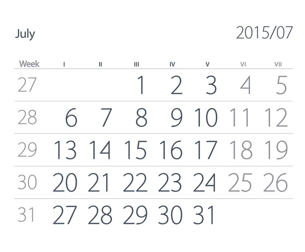 Calendario 2015 anno. Luglio. — Foto Stock