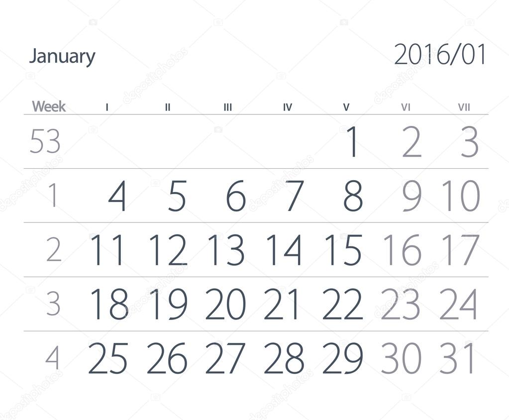 2016 year calendar. January