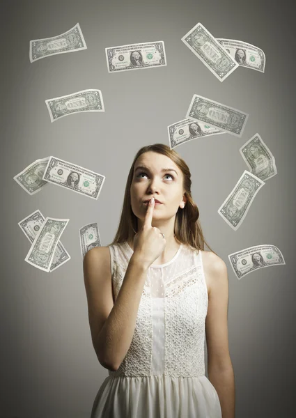 Meisje in wit en dollars. — Stockfoto