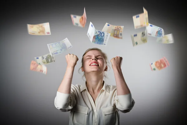 Regozijando. Menina em branco e euro . — Fotografia de Stock