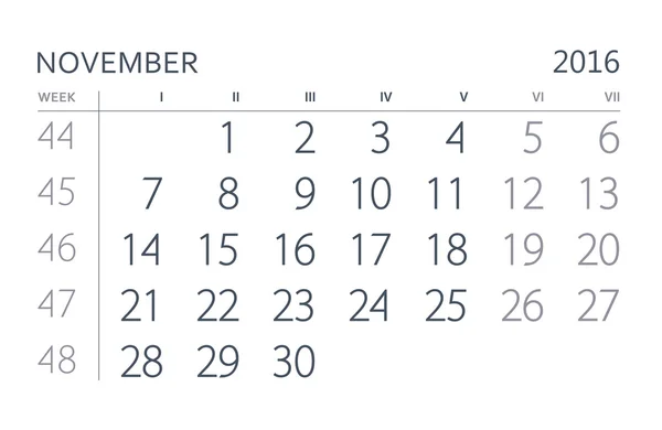 Calendário 2016 ano. Novembro — Fotografia de Stock