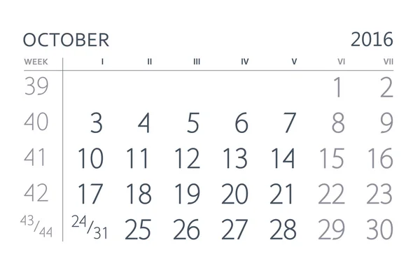 2016 年日历。10 月 — 图库照片