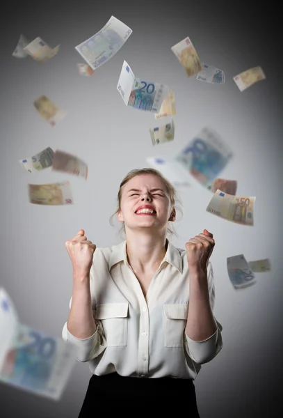 Regozijando. Menina em branco e euro . — Fotografia de Stock