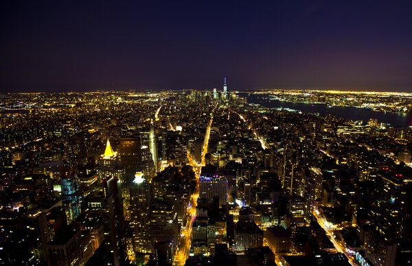 Aerial view of lower Manhattan at night taken from the Empire State Building