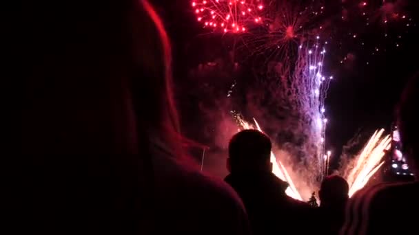 Schöne bunte Feuerwerk glänzende Anzeige bei Nacht Schleife Hintergrund — Stockvideo