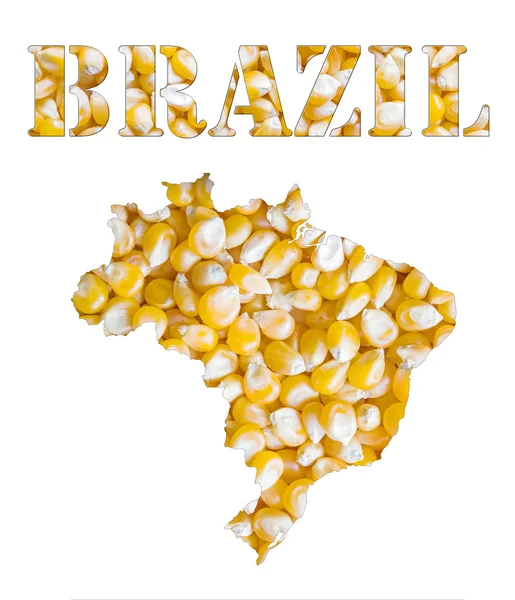 Μια υφή σπόρων αραβοσίτου Κίτρινο καλαμπόκι με το σχήμα της λέξης Βραζιλία και το περίγραμμα γεωγραφικό χάρτη της χώρας. Απομονωθεί σε λευκό φόντο εικόνας. — Φωτογραφία Αρχείου
