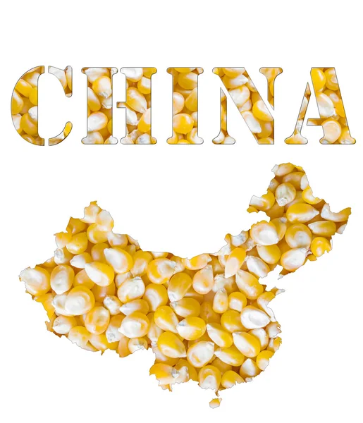 Sebuah tekstur biji jagung jagung kuning dengan bentuk kata China dan garis peta geografis negara. Gambar diisolasi pada latar belakang putih . — Stok Foto
