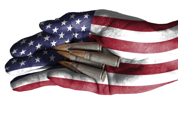 Adult hand with United States flag overlaid holding bullets. Isolated on white — Stock Photo, Image