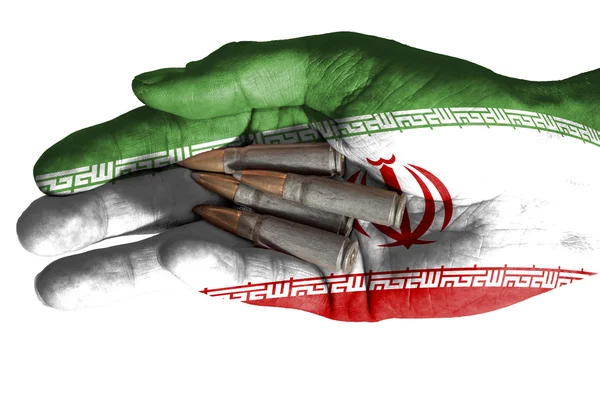 Volwassen hand met Iran vlag bedekt bedrijf opsommingstekens. Geïsoleerd op wit — Stockfoto