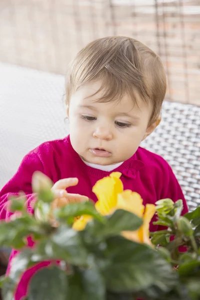 Baby flicka tittar på gula blommor — Stockfoto