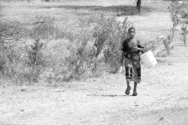 Young girl bringing a bucket to take water — Stock Photo, Image