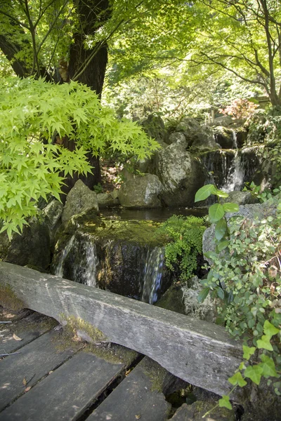 Close-up de uma cachoeira em um jardim japonês — Fotografia de Stock
