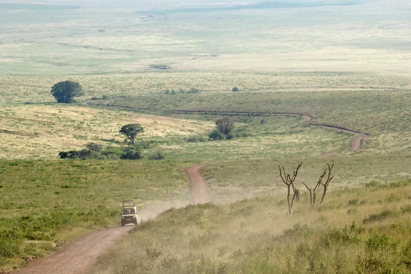 Jeep langs een parcours in ngorongoro monumentenreservaat — Stockfoto