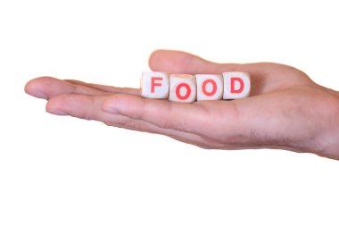 Beyaz arka plan üzerinde izole bir yandan, ahşap zarlarla yazılı gıda