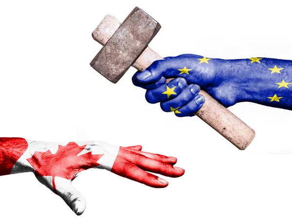 European Union hitting Canada with a heavy hammer — Stock Photo, Image