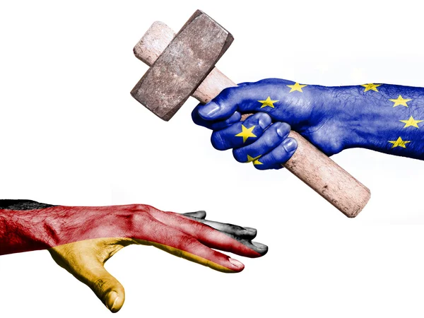 European Union hitting Germany with a heavy hammer — Stock Photo, Image