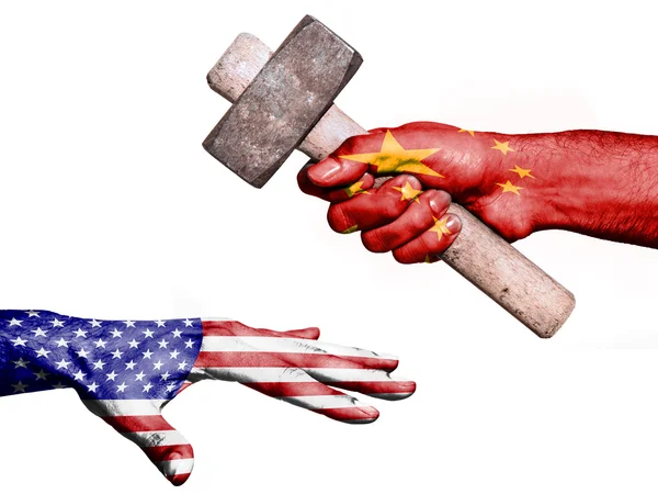 China hitting United States with a heavy hammer — Stok fotoğraf