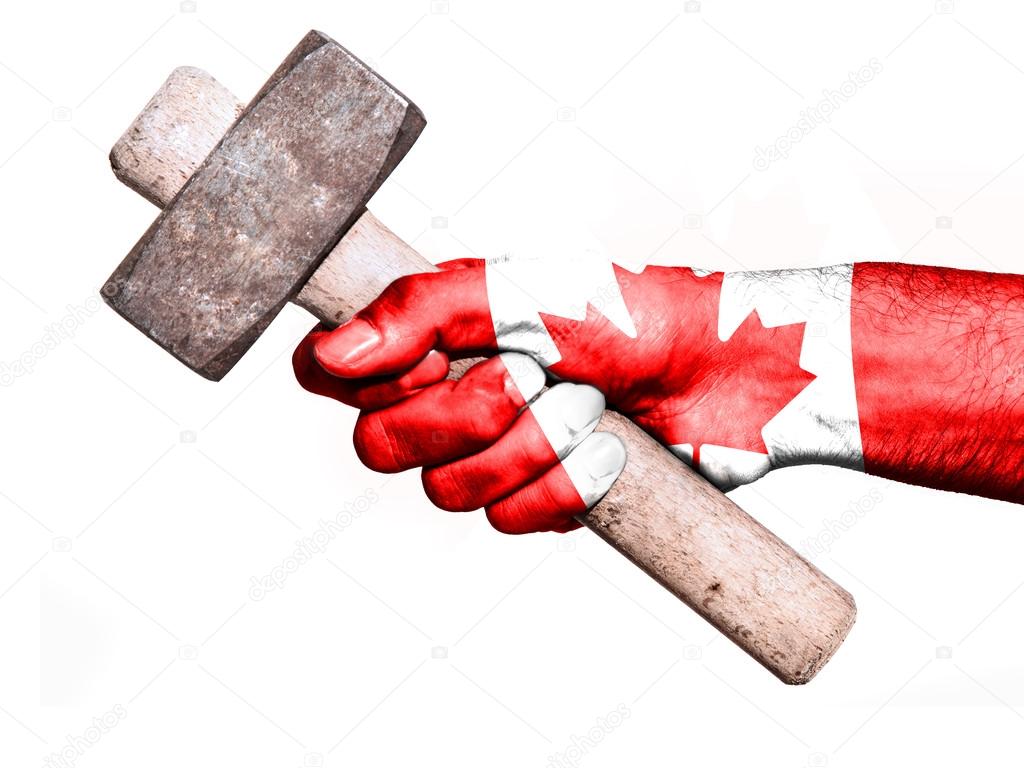 Hand with flag of Canada handling a heavy hammer